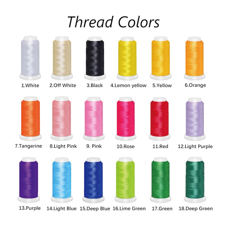 May include: Image showing a variety of thread colors. The image includes 18 spools of thread in various colors, including white, black, yellow, orange, pink, red, purple, and green. The text "Thread Colors" is at the top.