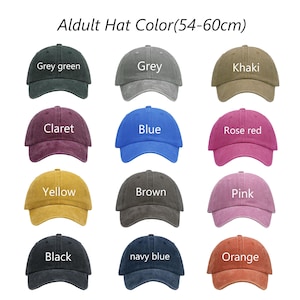 May include: A collection of baseball caps in various colors, including grey-green, grey, khaki, claret, blue, rose red, yellow, brown, pink, black, navy blue, and orange. The text "Aldult Hat Color (54-60cm)" is at the top.