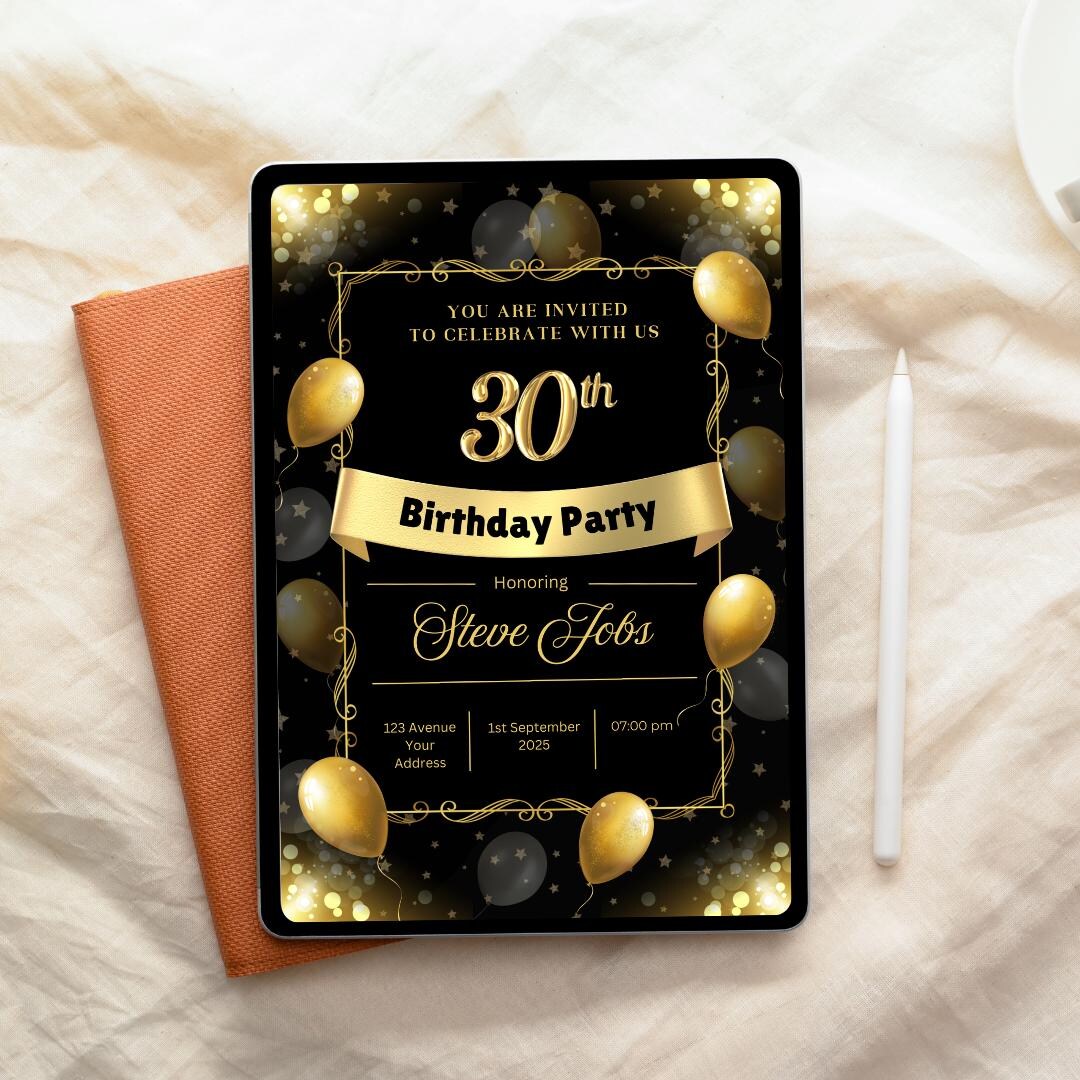 30th Birthday Invitation: Black and Gold Canva Template (digital ...