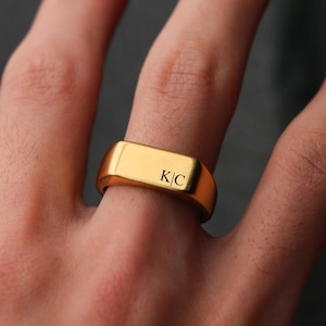Personalised 14K Gold Signet Ring for Men,Rectangular Rings,Custom Name Ring,Engraved Your Logo Name Initials,Anniversary Gift for him