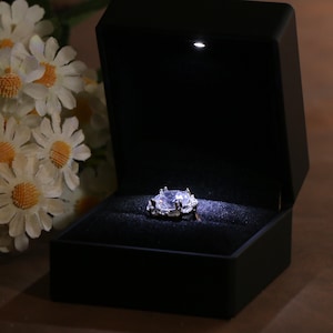 K&ouml;nnte beinhalten: Eine schwarze Ringbox mit einem Scheinwerfer, der einen silbernen Ring mit einem gro&szlig;en, klaren, oval geformten Stein beleuchtet. Der Ring ist mit kleineren Steinen um den Hauptstein besetzt. Die Box ist ge&ouml;ffnet.