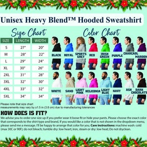 unisex heavy blend hooded sweatshirt, size char and color chart, size guide and color guide.