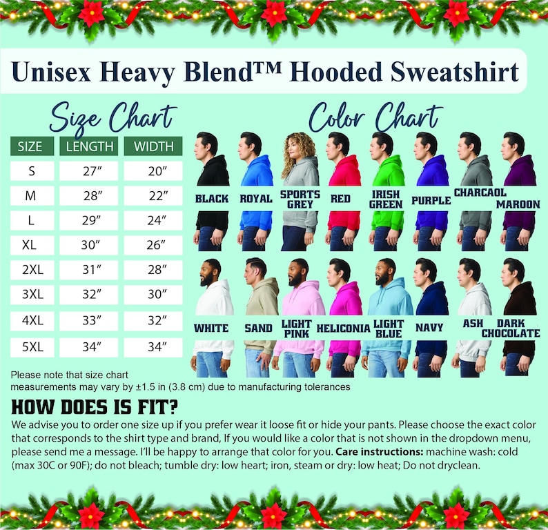 unisex heavy blend hooded sweatshirt, size char and color chart, size guide and color guide.