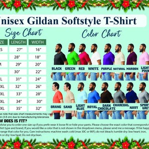 Unisex gildan softsytle t shirt, size char and color chart, size guide and color guide.
