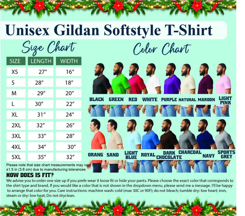 Unisex gildan softsytle t shirt, size char and color chart, size guide and color guide.