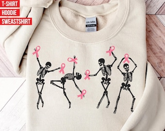 Camiseta de conscientização sobre o câncer de mama, moletom de Halloween, moletom com capuz de apoio ao câncer, suéter do mês de conscientização com esqueletos dançantes e camiseta com fita rosa