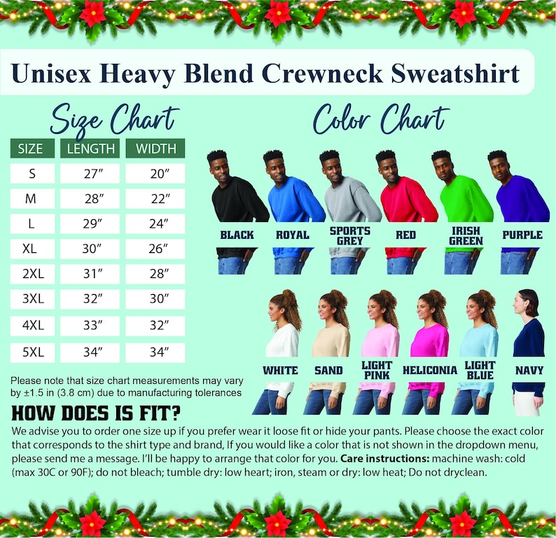 Unisex heavy blend crewneck sweastshirt, size char and color chart, size guide and color guide.