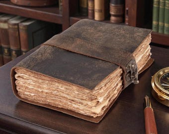 Handmade Vintage leather Journal - Blank Spell Book of Shadows, Grimoire Journal, Travel Writing Notebook, Deckle Edge Paper Lock Closure