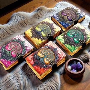 Puede incluir: Una colecci&oacute;n de diarios decorativos con dise&ntilde;os de &aacute;rbol de la vida. Cada diario presenta una combinaci&oacute;n de colores diferente, incluyendo rosa, amarillo, azul, verde y rojo. Los diarios tienen cierres de metal ornamentados y bordes dorados. Tambi&eacute;n hay un peque&ntilde;o cuenco de madera con cristales.