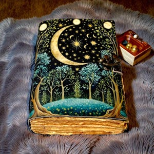 Puede incluir: Un diario decorativo con un dise&ntilde;o celestial. La portada presenta una luna creciente, estrellas y &aacute;rboles sobre un fondo negro. El diario tiene un cierre de broche y p&aacute;ginas envejecidas. Tambi&eacute;n se ve una peque&ntilde;a caja de madera con esferas de colores.