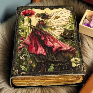K&ouml;nnte beinhalten: Ein ledergebundenes Notizbuch mit einer Fantasy-Illustration. Das Cover zeigt eine Fee in einem roten Kleid, die eine Blume h&auml;lt, vor einem Hintergrund aus Blumen und Bl&auml;ttern. Das Notizbuch hat einen Metallverschluss und gealtertes Papier.
