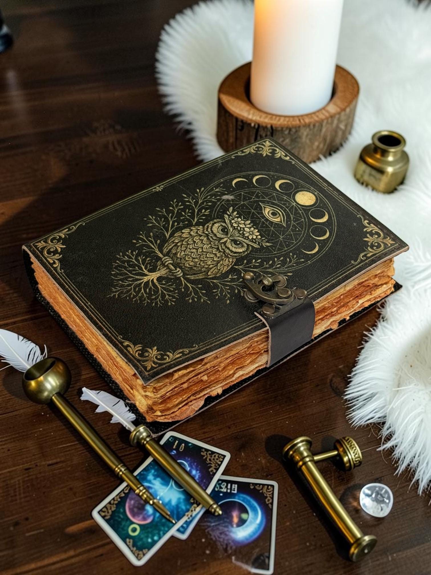 Owl Leather Journal, Celestial Moon Journal, Gothic Leather Notebook, Mystical Diary, Moon Phase Jou