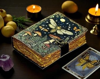 Leather Grimoire Journal  Mushroom & Moth Celestial Spell Book, 400 Page Large Witchcraft Book of Shadows, Wiccan Pagan Gothic Diary Gifts |