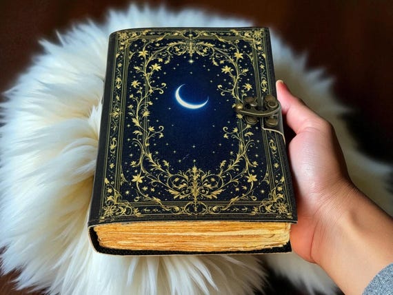 Moon Night Leather Grimoire Journal – Handmade blank spell Book of Shadows, Deckle Edge Pages with Antique Lock, Gift For Him And Her