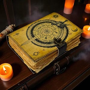 May include: A vintage book with a detailed zodiac and dragon design on the cover. The aged pages are held together with a leather strap and clasp. Lit candles and a wooden table create a mystical ambiance.