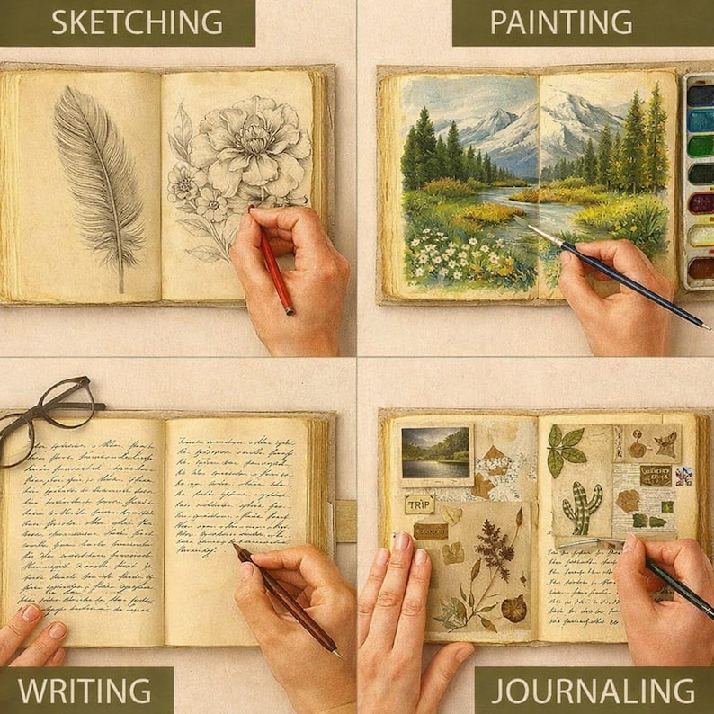 Puede incluir: Un collage de cuatro diarios abiertos, cada uno representando una actividad creativa diferente. Arriba a la izquierda, un boceto con una pluma y un dibujo de flores. Arriba a la derecha, pintando un paisaje. Abajo a la izquierda, escribiendo y abajo a la derecha, haciendo un diario.