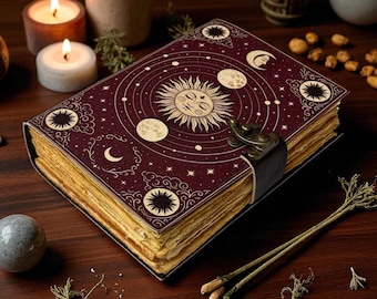 400 Page Large Sun Moon Grimoire Vintage leather journal, Moon Leather Journal, Blank spell book of shadows Halloween Gifts For Him Her