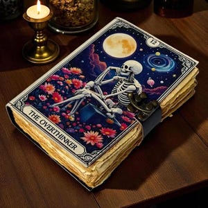 Overthinker Grimoire Leather Journal -Gothic Tarot Notebook -Blank Spell Book of shadows Handmade Sketchbook 200–400 Pages | Witchy Journal
