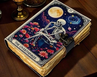 Overthinker Grimoire Leather Journal -Gothic Tarot Notebook -Blank Spell Book of shadows Handmade Sketchbook 200–400 Pages | Witchy Journal