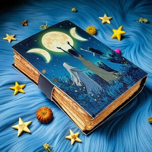 Puede incluir: Un diario decorativo con un dise&ntilde;o celestial que presenta una luna llena, lunas crecientes y figuras con vestidos fluidos. La cubierta es azul con una correa de cuero negro, y las p&aacute;ginas tienen una apariencia vintage envejecida. Decoraciones amarillas en forma de estrella rodean el diario.