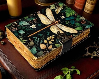 Dragonfly Leather Journal with Lock: Handmade Writing Notebook 400 Page Handmade Book of Shadows, Large Book  Spell book, Magic Diary Gift
