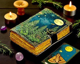 Green Tree Leather Vintage Moon Forest Grimoire 400 Page Handmade Book of Shadows, Spell book Wiccan Pagan Gothic Magic Diary Gifts |