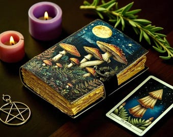 Vintage Mushroom Genuine Leather Journal with Lock Handmade Forest Grimoire Book of Shadows Spell book Wiccan Pagan Gothic Magic Diary Gift