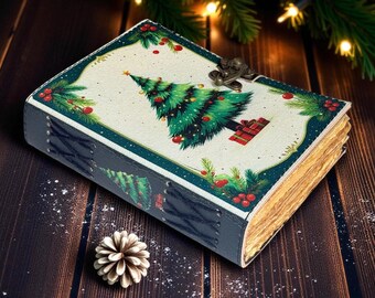 Handmade Tree Journal | Vintage Christmas Notebook with Antique Lock Holiday Memories: A Handcrafted Christmas cotten Canvas & Leather Diary