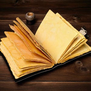 Puede incluir: Un diario abierto de estilo antiguo con p&aacute;ginas amarillentas y envejecidas. El libro est&aacute; encuadernado en negro y descansa sobre una superficie de madera oscura. Un peque&ntilde;o candelabro decorativo es visible en el fondo, lo que a&ntilde;ade a la est&eacute;tica vintage.