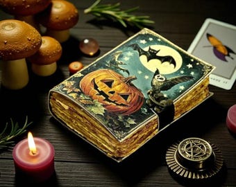 May include: A vintage book with a Halloween-themed cover featuring a jack-o'-lantern, bat, and owl. The book is surrounded by candles, mushrooms, and a tarot card. The book's pages have a golden edge. The scene evokes a mystical, autumnal atmosphere.