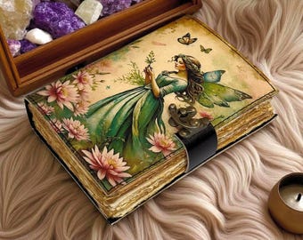 Handmade Fairy Leather Grimoire – Book of Shadows with Lock, Witchcraft Journal, Spell Book, Wiccan Notebook, Pagan Diary Magic Journal Gift
