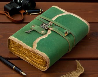 Handmade Green Leather Journal – Antique Book of Shadows with Vintage Deckle Edge Paper, Wiccan Pagan Grimoire Witchcraft Spell book  Gift