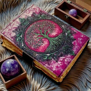 Puede incluir: Un diario hecho a mano con una cubierta rosa y morada con un dise&ntilde;o de &aacute;rbol de la vida. El diario tiene una encuadernaci&oacute;n de cuero y papel envejecido. Dos peque&ntilde;as cajas de madera contienen cada una una esfera p&uacute;rpura.