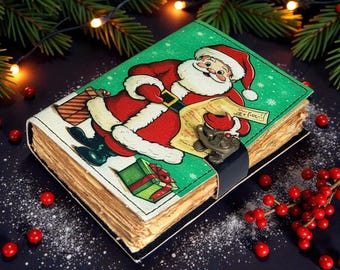 Handmade Santa Claus Journal | Vintage Christmas Notebook with Antique Lock Holiday Memories: A Christmas | cotten Canvas & Leather Diary
