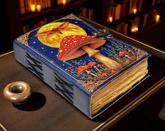 400 Page Large Grimoire Vintage Mushroom leather journal, Handmade Antique Deckle Edge Paper Spell Book of Shadows Journal for gifts