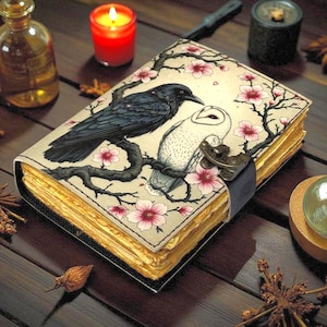 Raven Owl Grimoire Leather Journal – Witchcraft Book of Shadows with Lock |  Deckle Paper Gothic Wiccan Spellbook Halloween gifts
