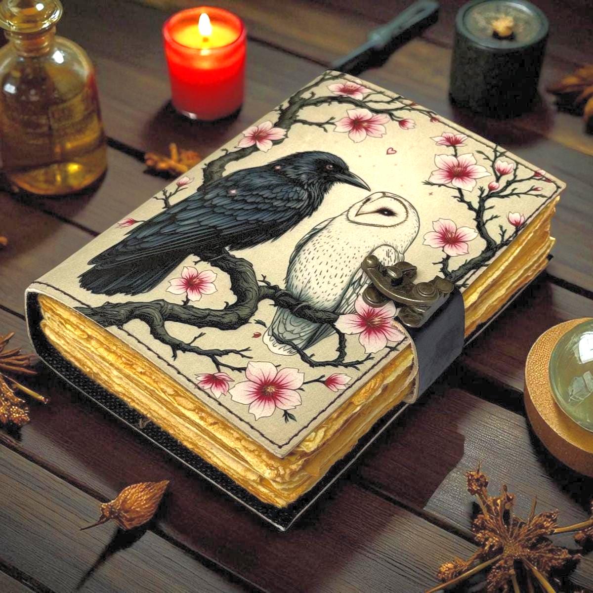Raven Owl Grimoire Leather Journal &ndash; Witchcraft Book of Shadows with Lock |  Deckle Paper Goth