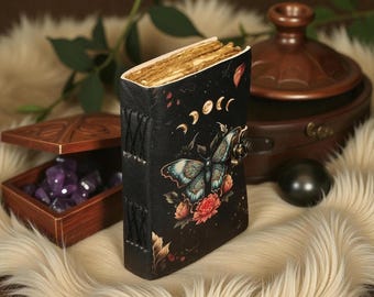 Luna Moth Leather Journal  Blank Spell Book Book of Shadows,  with Vintage Lock Dream Journal, Sketchbook