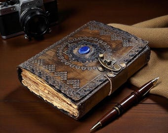 Vintage Leather Journal with Lapis Lazuli Stone Grimoire  Embossed Leather Book of Shadows,Gothic Tarot Notebook -Blank Spell Handmade Gift