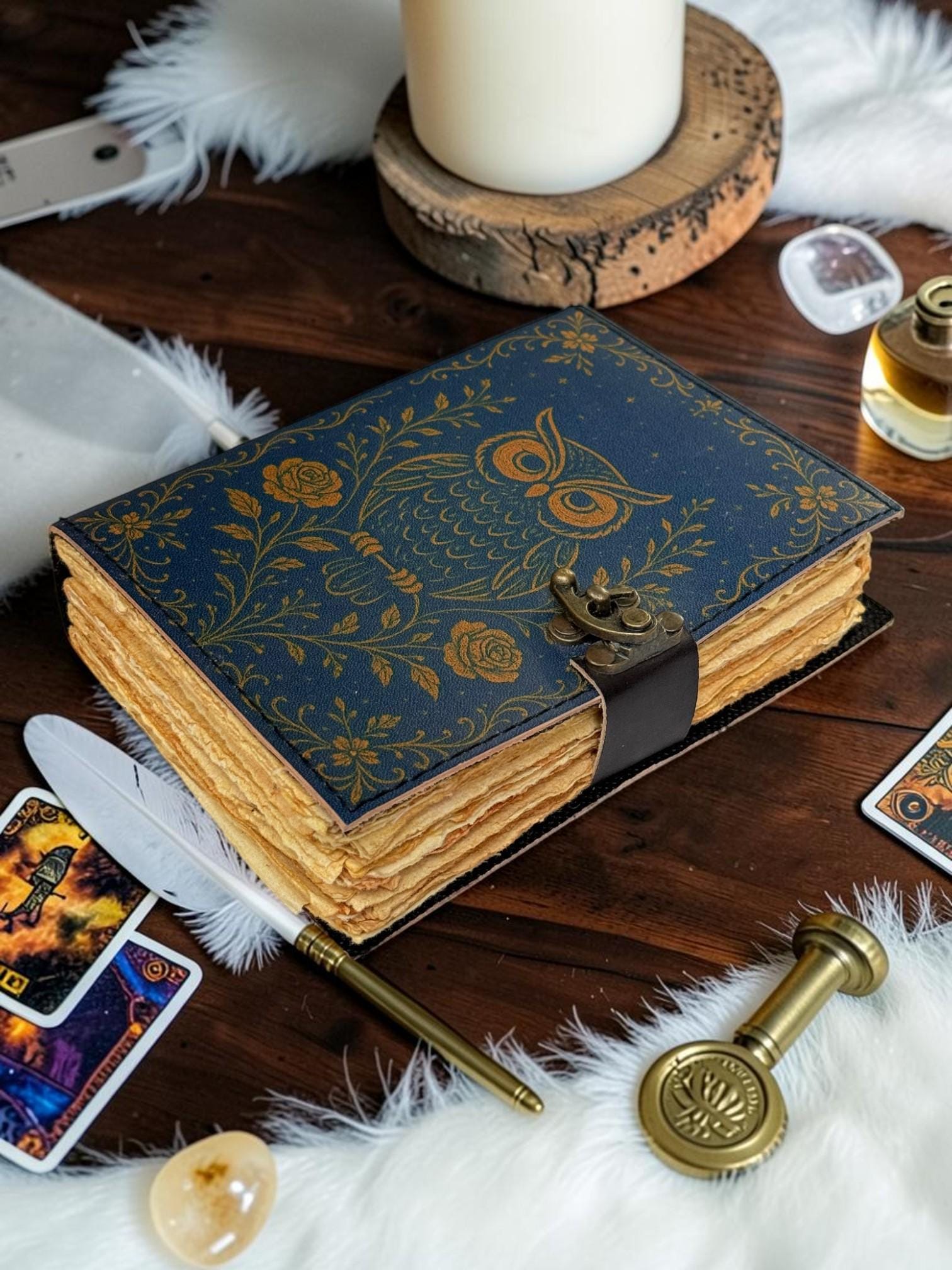 Owl Leather Journal, Vintage Owl Notebook, Gothic Floral Diary, Blue Leather Journal, Owl Lover Gift