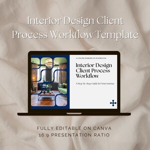 Könnte beinhalten: Ein Laptop zeigt eine Vorlage für den "Interior Design Client Process Workflow". Der Bildschirm zeigt einen Rauminnenraum mit Sofa und Couchtisch. Auf dem Bildschirm steht "A Step by Step Guide for Your Journey". Der Laptop ist mit "FULLY EDITABLE ON CANVA" und "16:9 PRESENTATION RATIO" beschriftet.