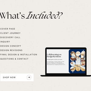 May include: A laptop displays a presentation titled "Collaborating on Design Revisions." The image includes a list of services: cover page, client journey, discovery call, inquiry, design concept, revisions, final design, and contact. A "Shop Now" button is also visible.