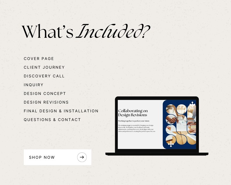 May include: A laptop displays a presentation titled "Collaborating on Design Revisions." The image includes a list of services: cover page, client journey, discovery call, inquiry, design concept, revisions, final design, and contact. A "Shop Now" button is also visible.