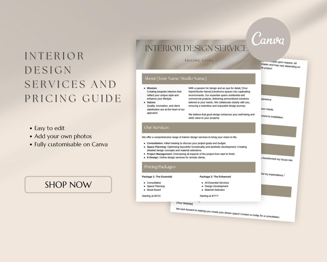 Interior Design Services & Pricing Guide Canva Template | Editable ...