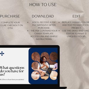May include: A laptop screen displays a design with a blue and white color scheme. The screen shows a woman working on a laptop, with the text "What questions do you have for us?" and instructions on how to use the product.