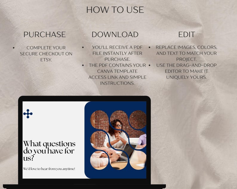 May include: A laptop screen displays a design with a blue and white color scheme. The screen shows a woman working on a laptop, with the text "What questions do you have for us?" and instructions on how to use the product.