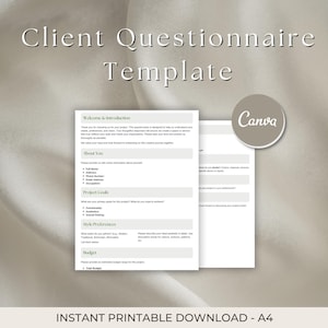 May include: A printable client questionnaire template with the title "Client Questionnaire Template" in a soft, elegant font. The document includes sections for client information, project goals, and style preferences. The Canva logo is visible.