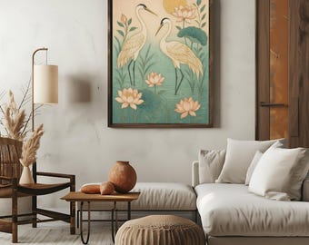 Japanese Crane Birds Wall Decor | Asian Lotus Flower Gold Line Design | Pink Teal Zen Minimalist Digital Download