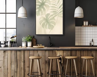 Soft Watercolor Botanical Wall Decor | Minimalist Light Green Monstera | Tropical Leaves Neutral Digital Download