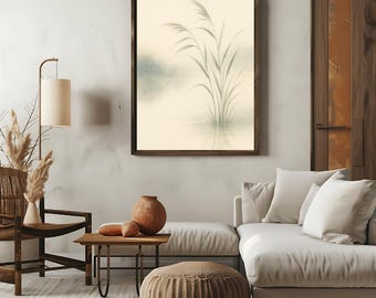 Zen Japanese Watercolor Wall Decor | Minimalist Reed Grass Botanical | Misty Neutral Pond Digital Download